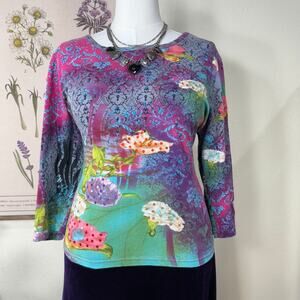 Vintage 90s Y2k Embellished Sequin Floral Top Fairy Grunge Whimsy Artsy Boho L